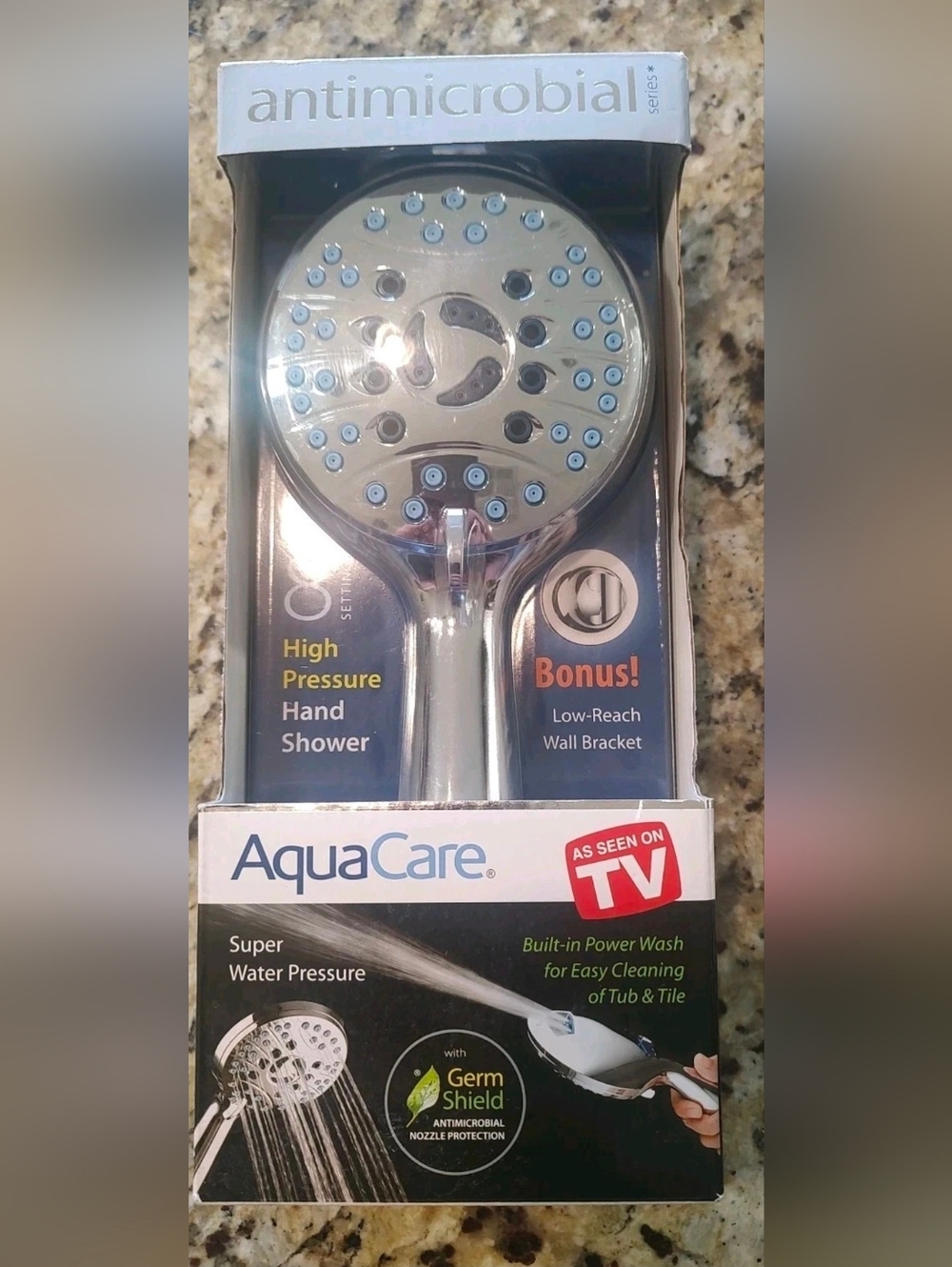 8-Spray Patterns AquaCare Wall Mounted antimicrobial Shower Head 1.8 GPM NEW
